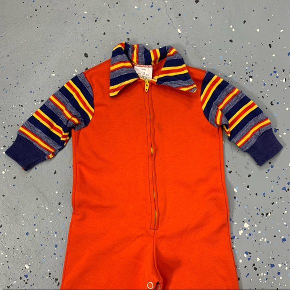 Vintage 60s Red Blue Yellow Stripe Zip Up Boiler Suit Coveralls Jumpsuit 6-9 MOS - Picture 2 of 10